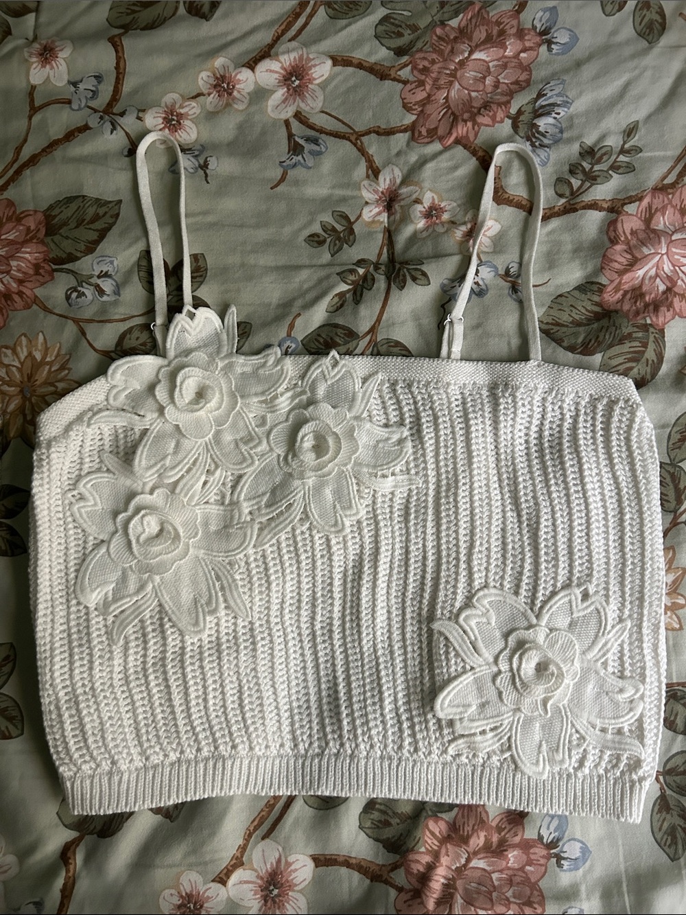 White Floral Appliqué Knit Crop Top